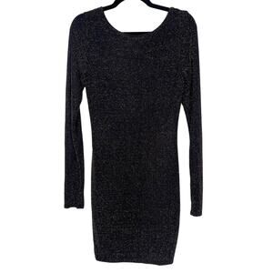 Silence + Noise L Black Gold Open Back Shimmer Long Sleeve Mini Dress Bodycon